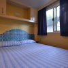 Camera con letto matrimoniale e copriletto blu a righe.
