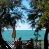 Due persone sedute a un tavolo all'aperto, con vista sul mare tra alberi ombrosi.