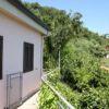 Lato di una casa rosa con finestre chiuse, circondata da alberi verdi sotto un cielo blu chiaro.