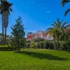 Giardino con palme e edificio rosa.