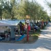 Campeggio alberato con caravan e piste per il passaggio.